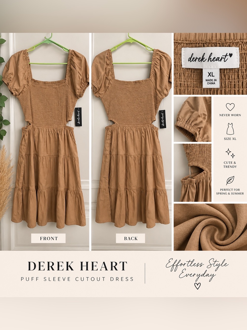 Derek Heart Tan Puff Sleeve Cutout Tiered Dress